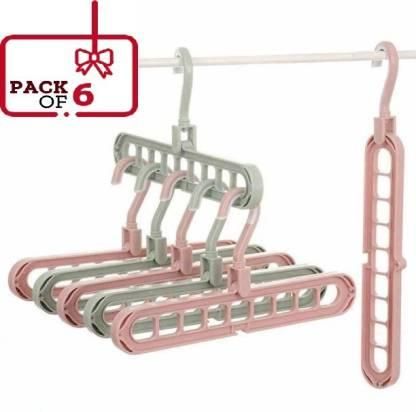 Hanger-Plastic Multi Functional Adjutable & Folding Clothes Hanger Holder Portable Anti-Slip Storage Rack Space Saving Hook for Garment Drying (Multicolor, Pack Of 6)